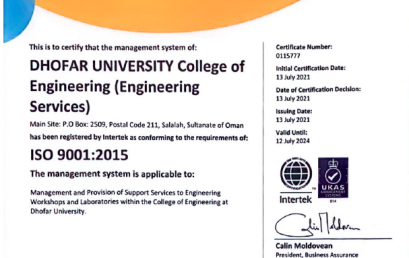 College of Engineering Laboratories & Frankincense Biodiversity Lab Obtain ISO 9001:2015 Accreditation