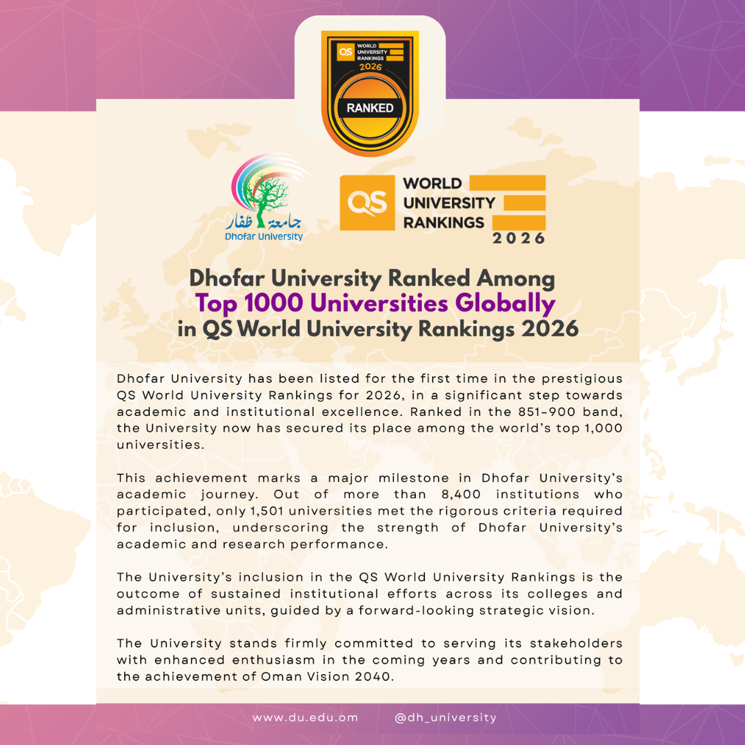 Dhofar University Ranked Among Top 1000 Universities Globally in QS World University Rankings 2026 Dhofar University Ranked Among Top 1000 Universities Globally in QS World University Rankings 2026