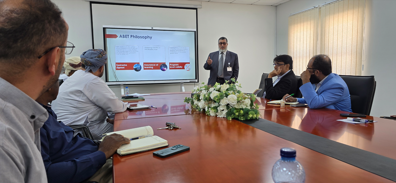 ورشة عمل في كلية الهندسة عن فلسفة مجلس الاعتماد للهندسة والتكنولوجيا الأمريكي في مواءمة مخرجات التعلّم للمقرر مع مخرجات البرنامج Workshop in CE: ABET Philosophy in CLO–SO Mapping